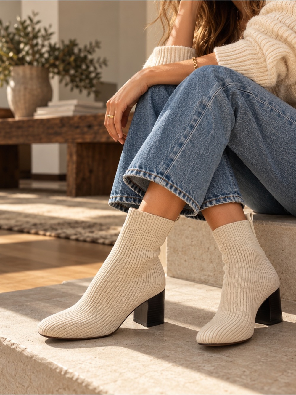 Everlane Cream Knit Ankle Boots | Block Heel | Size 5